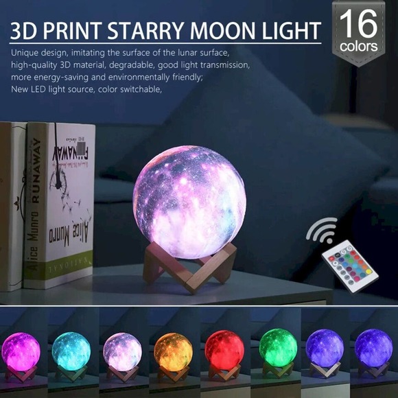 Moon Lamp Night Light Galaxy Lamp 5.9 Inch 16 Colors LED, Wood Stand, Remote - Picture 6 of 16